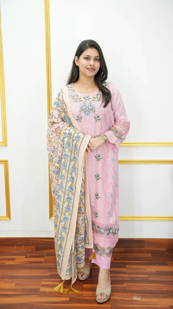 Cotton Embroidered Digital Print Three-Piece Set