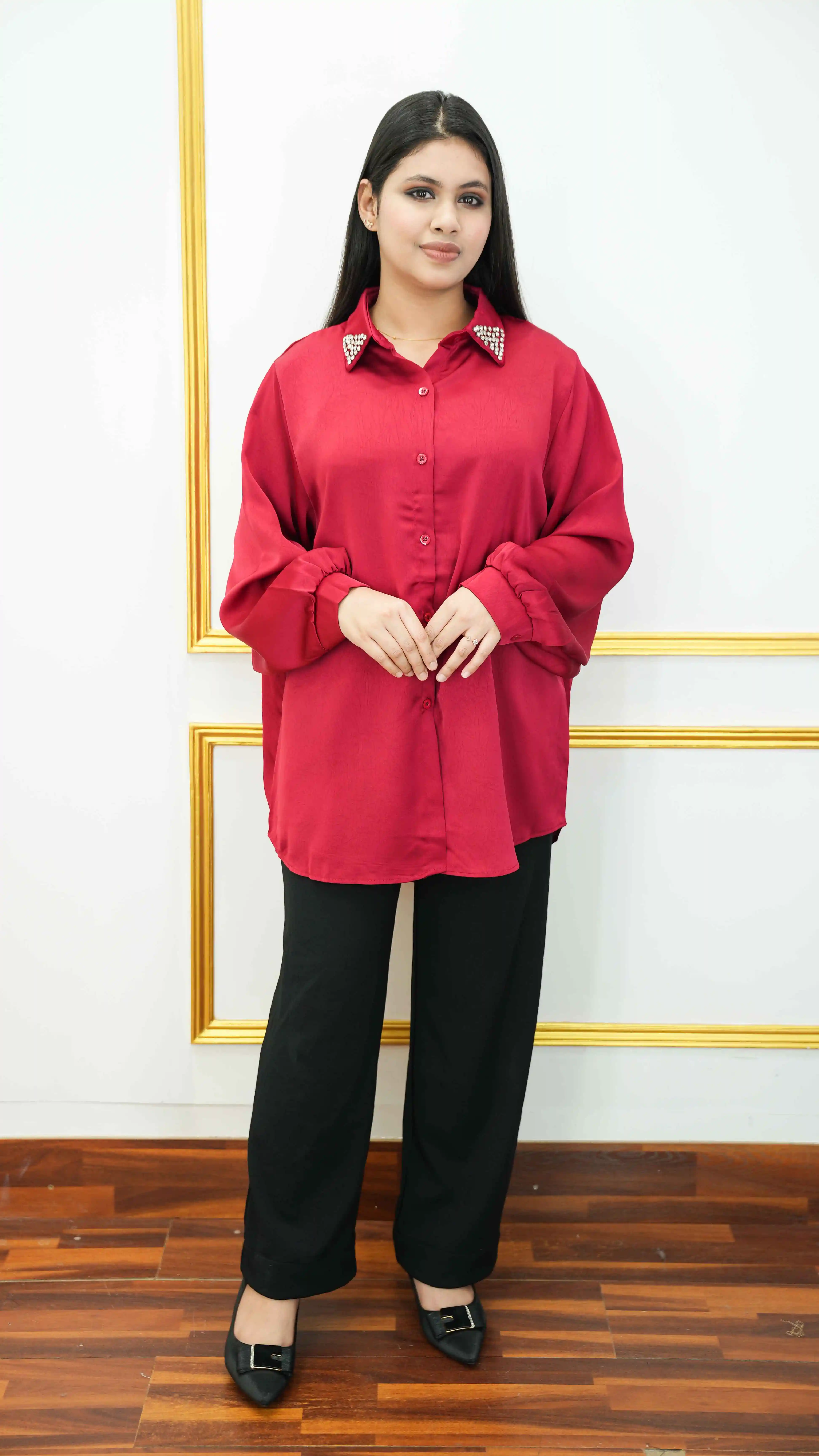Thai Imported Georgette Long Shirt with Stone Collar