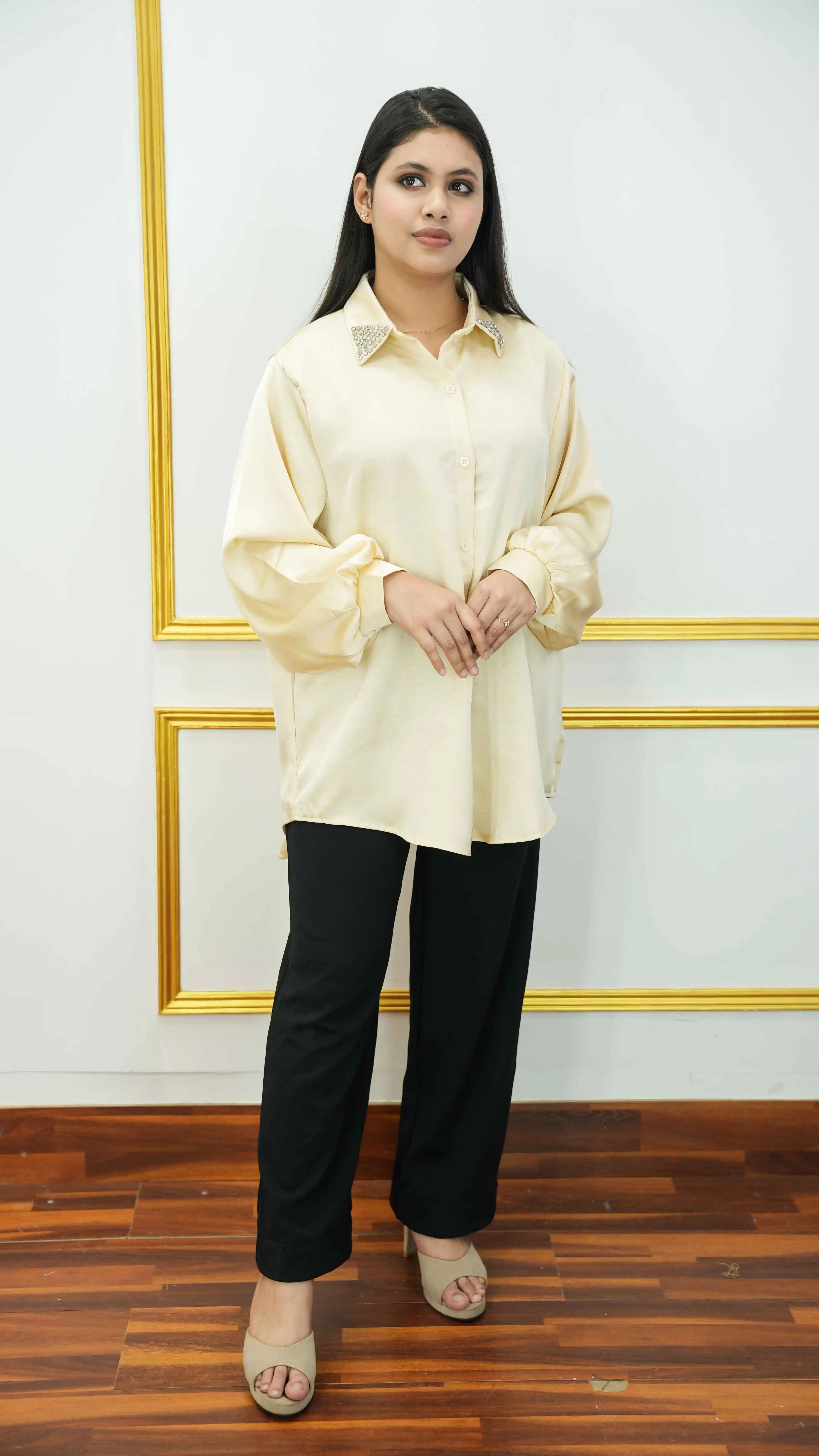 Thai Imported Georgette Long Shirt with Stone Collar
