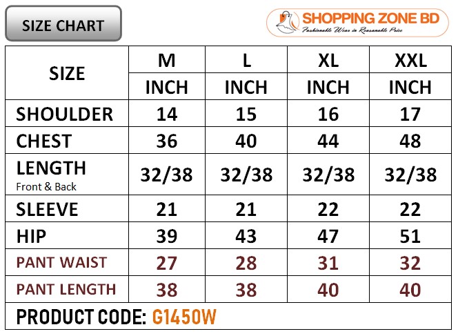 Product size chart image