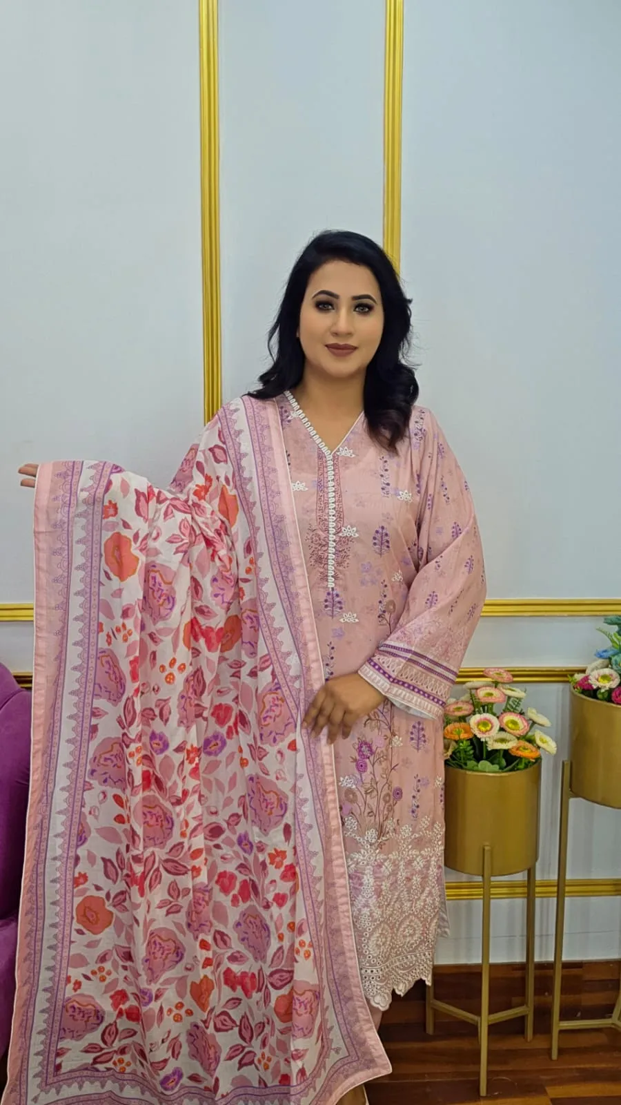 রেডি থ্রি পিস | Light Pink Color Ready Three Piece | Shopping Zone BD | Style #G2250PK