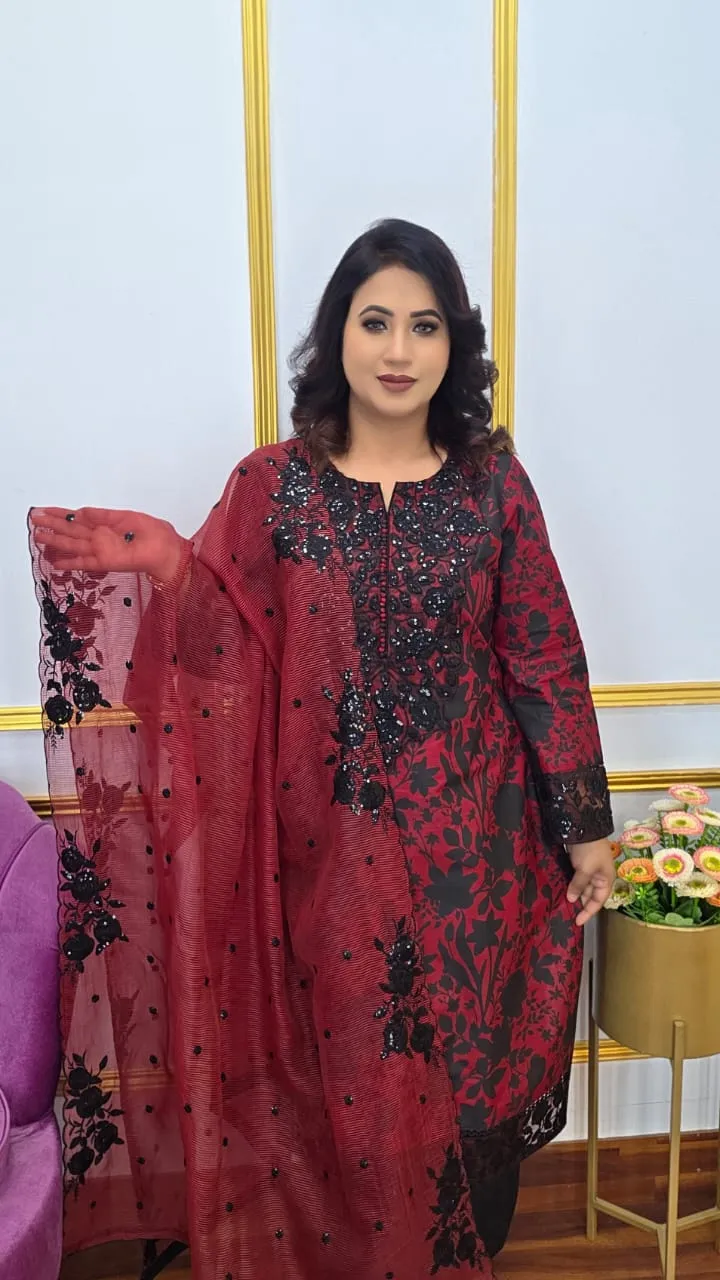 Cotton Unstitched Three Piece Suit - Sequence Work