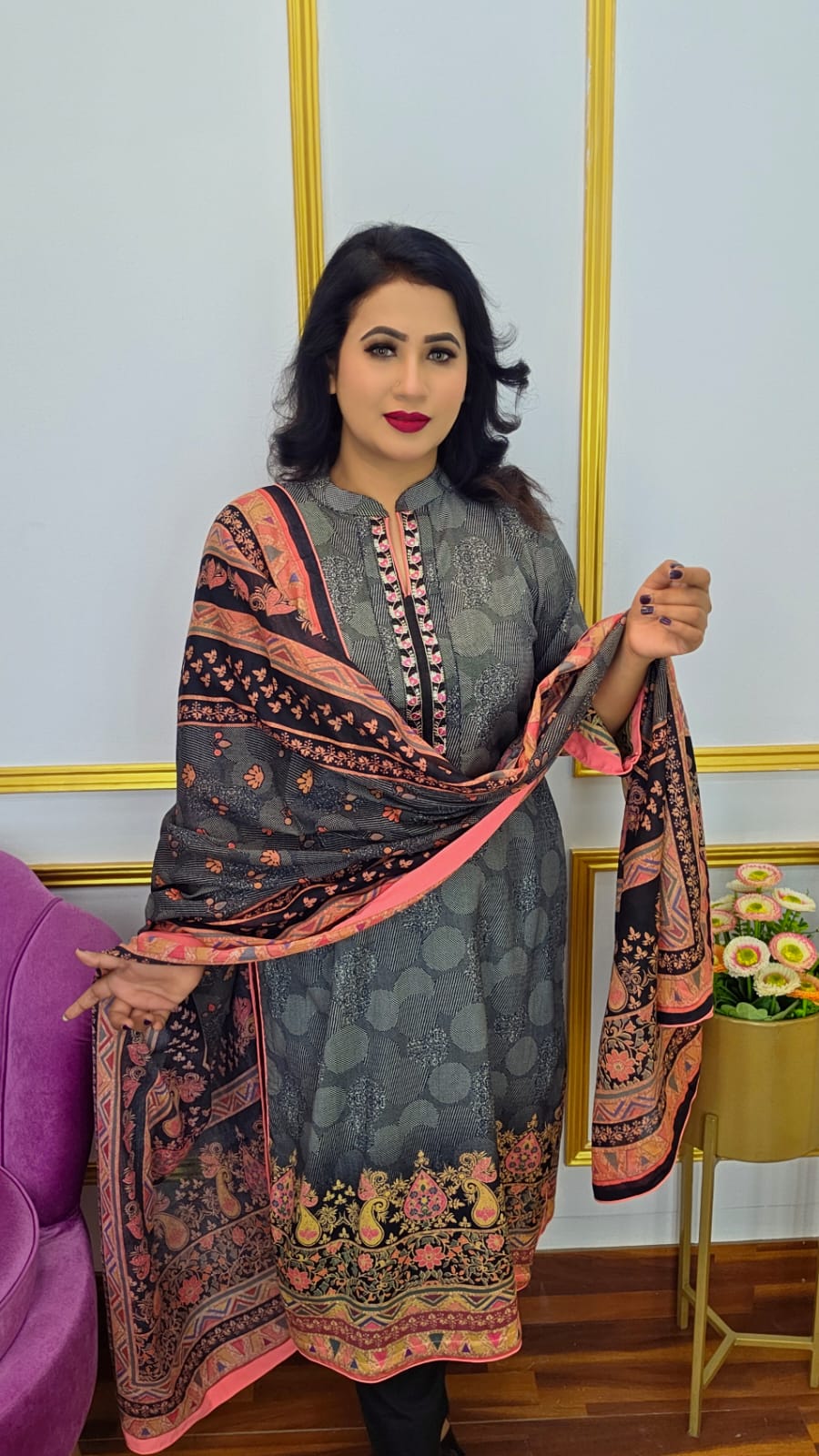 আনস্টিচ থ্রি পিস | Cotton Unstitched Three Piece | Shopping Zone BD | Style #DC1550B