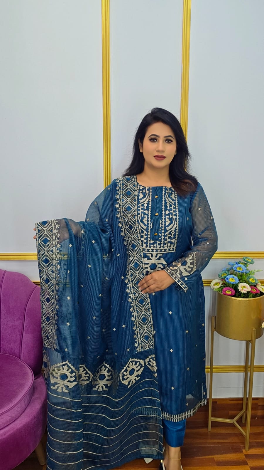 Royal Blue Color Quota Muslin Unstitched Jamdani Four Piece