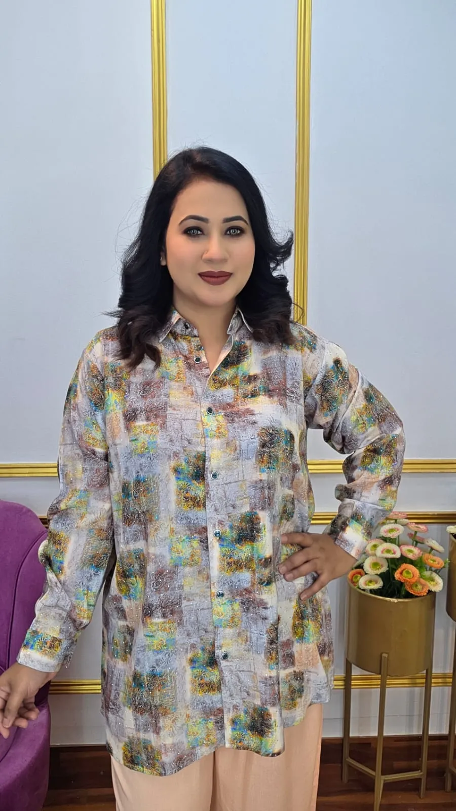 Women’s Co-ords Set Imported Lilen with Shirt CollarStone Work