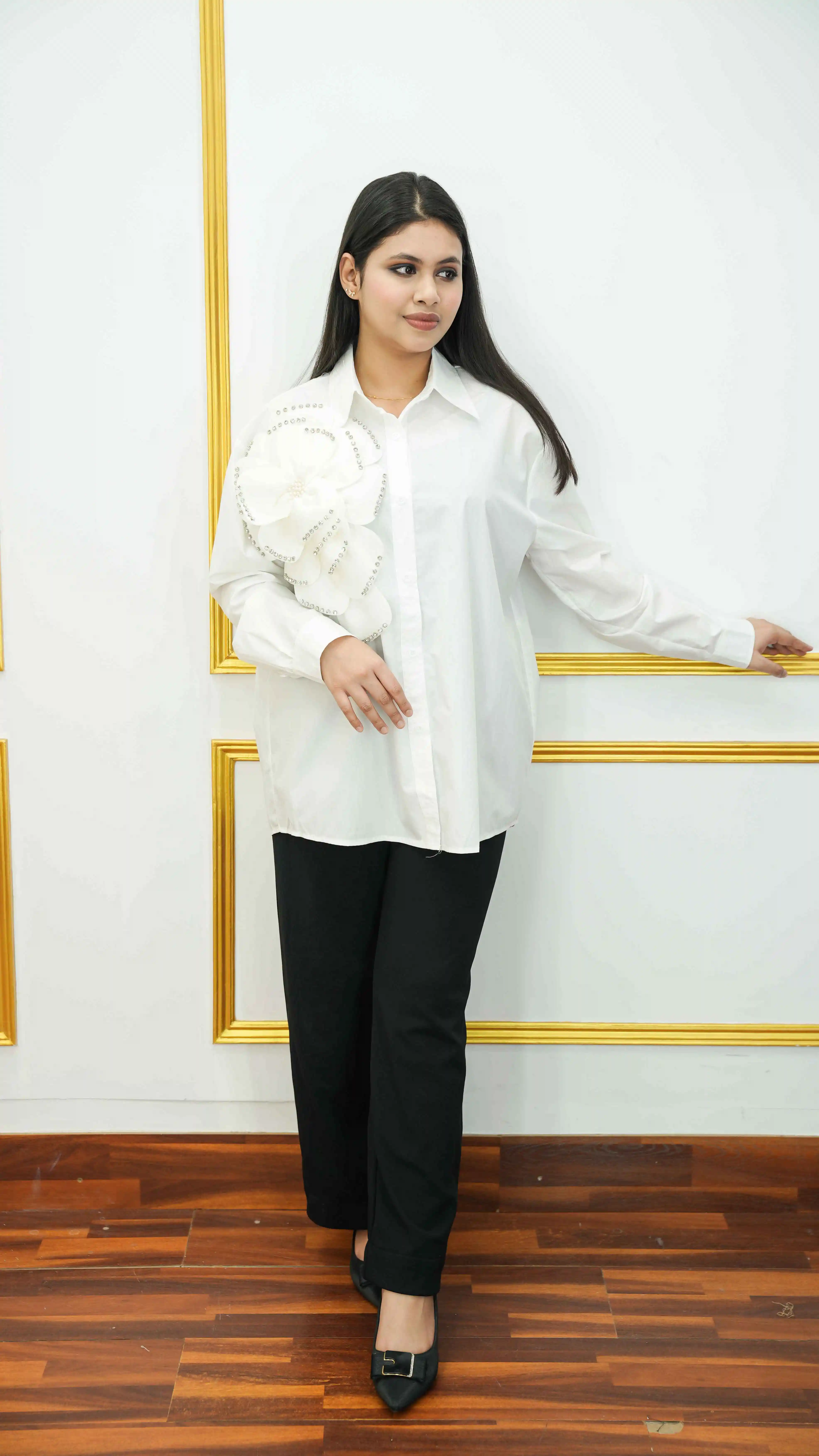 Thai Cotton Long Shirt with Elegant 3D Flower Applique
