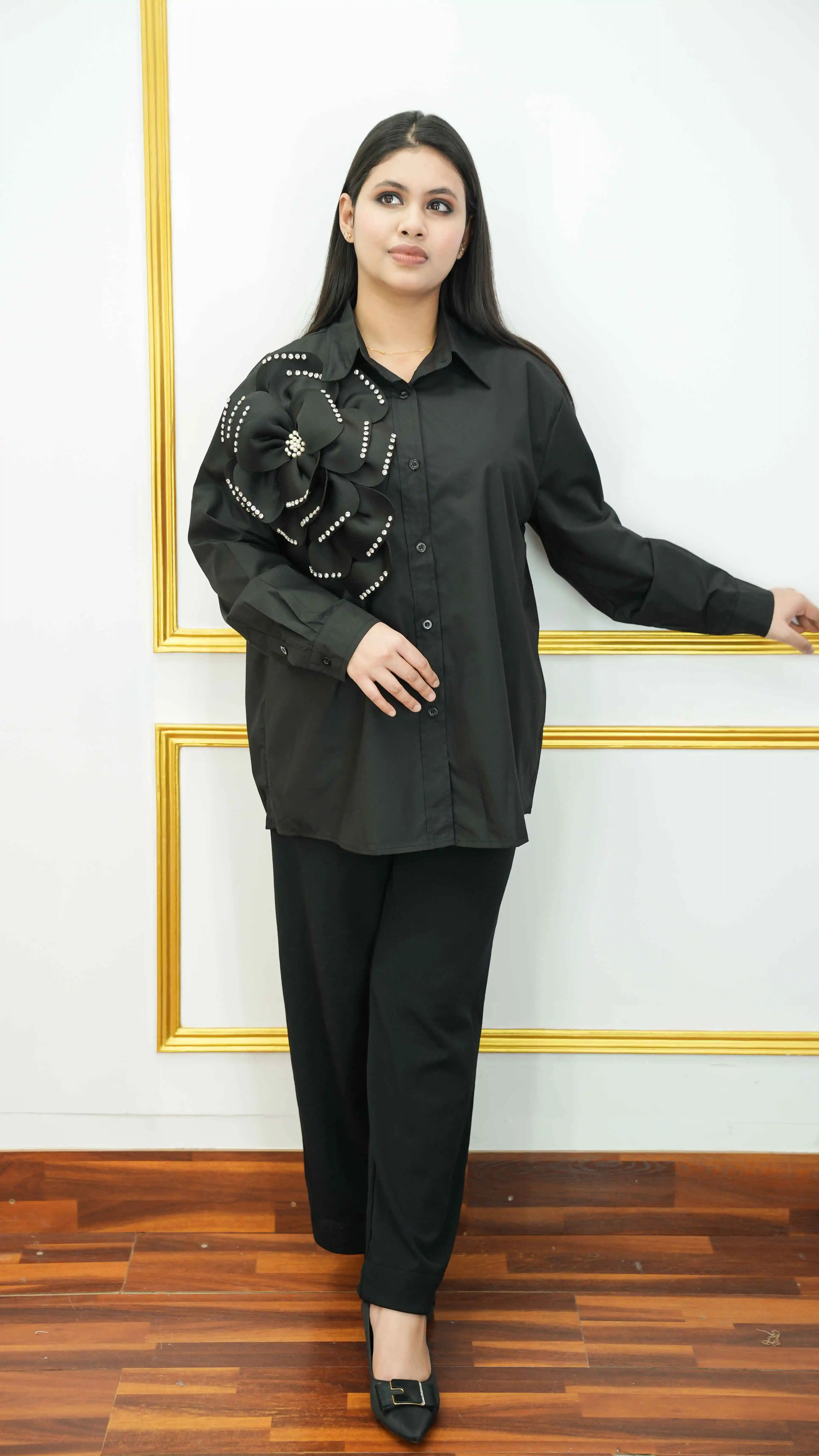 Thai Imported Cotton Long Shirt with 3D Flower Applique