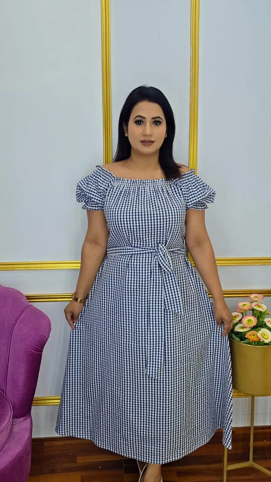 Cotton Check Print Midi Gown with Belt