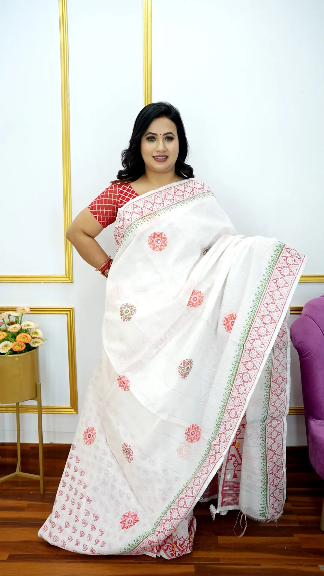 Half Silk Saree – Embroidery Foil Work with Block Print