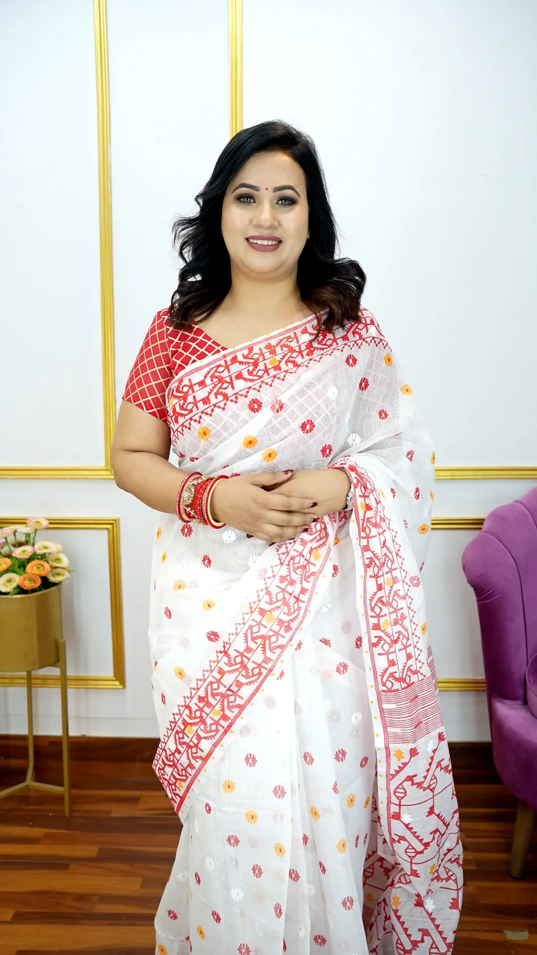 Half Silk Saree – Jamdani Motif With Block Print