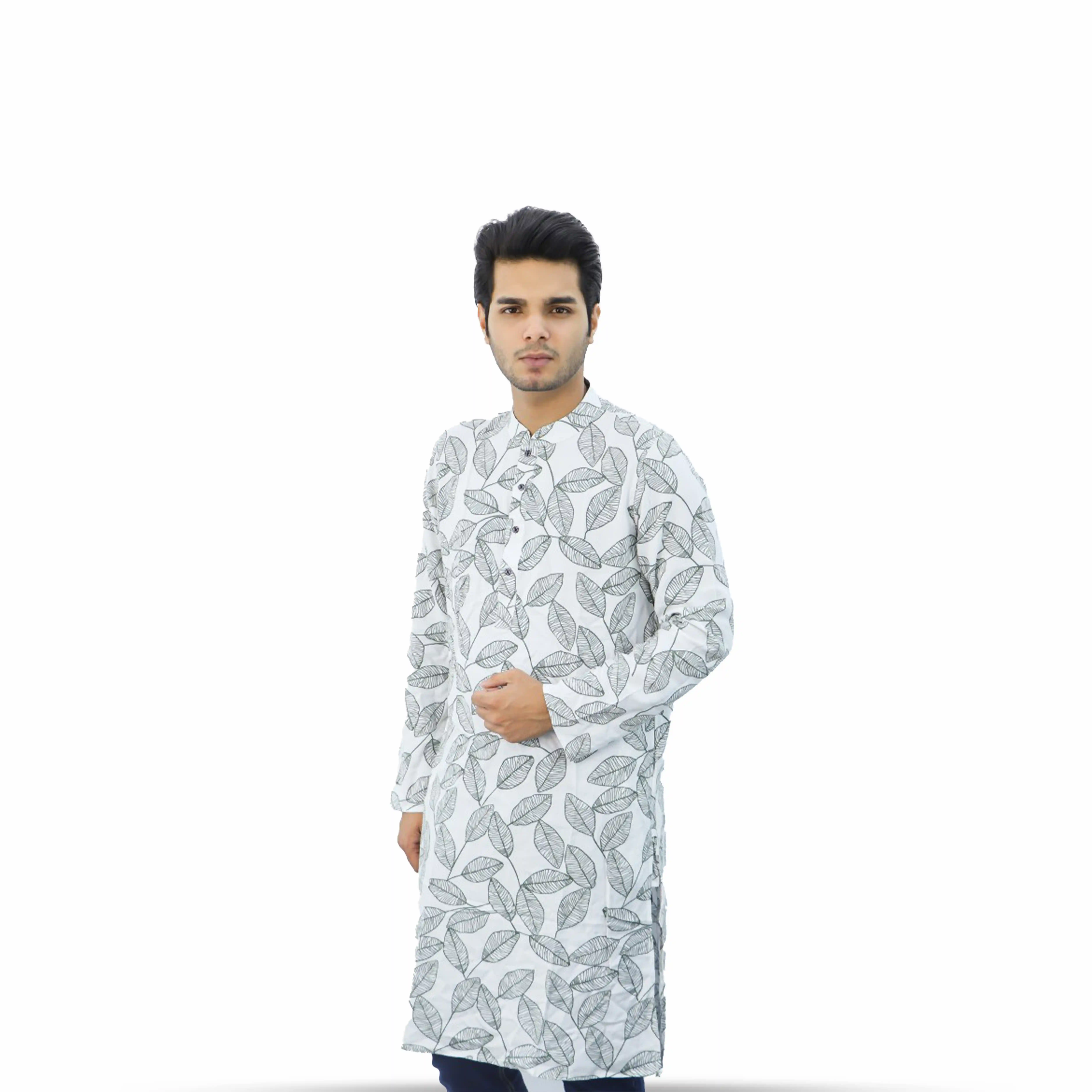 White Color Printed Men's Cotton Panjabi | Shopping Zone BD | Style #pg1250l