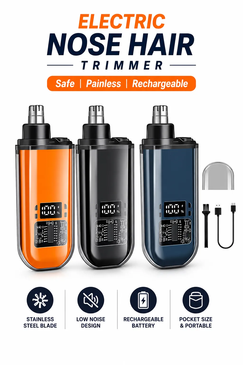 USB Rechargeable Electric Nose & Ear Hair Trimmer with LED Display – Portable 360° Precision Grooming Trimmer for Men & Women