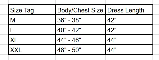 Product size chart image