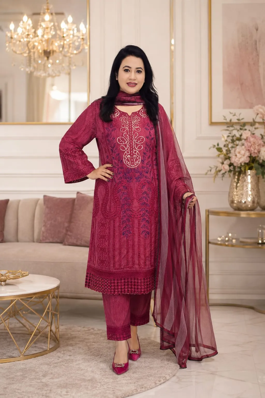 Ready Three-Piece – Exclusive Cotton with Boring Embroidery & Sequence Work