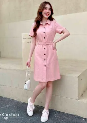 Thai Imported Ladies Belted Short Sleeve Shirt Dress