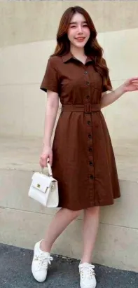 Thai Imported Ladies Belted Short Sleeve Shirt Dress - Rust