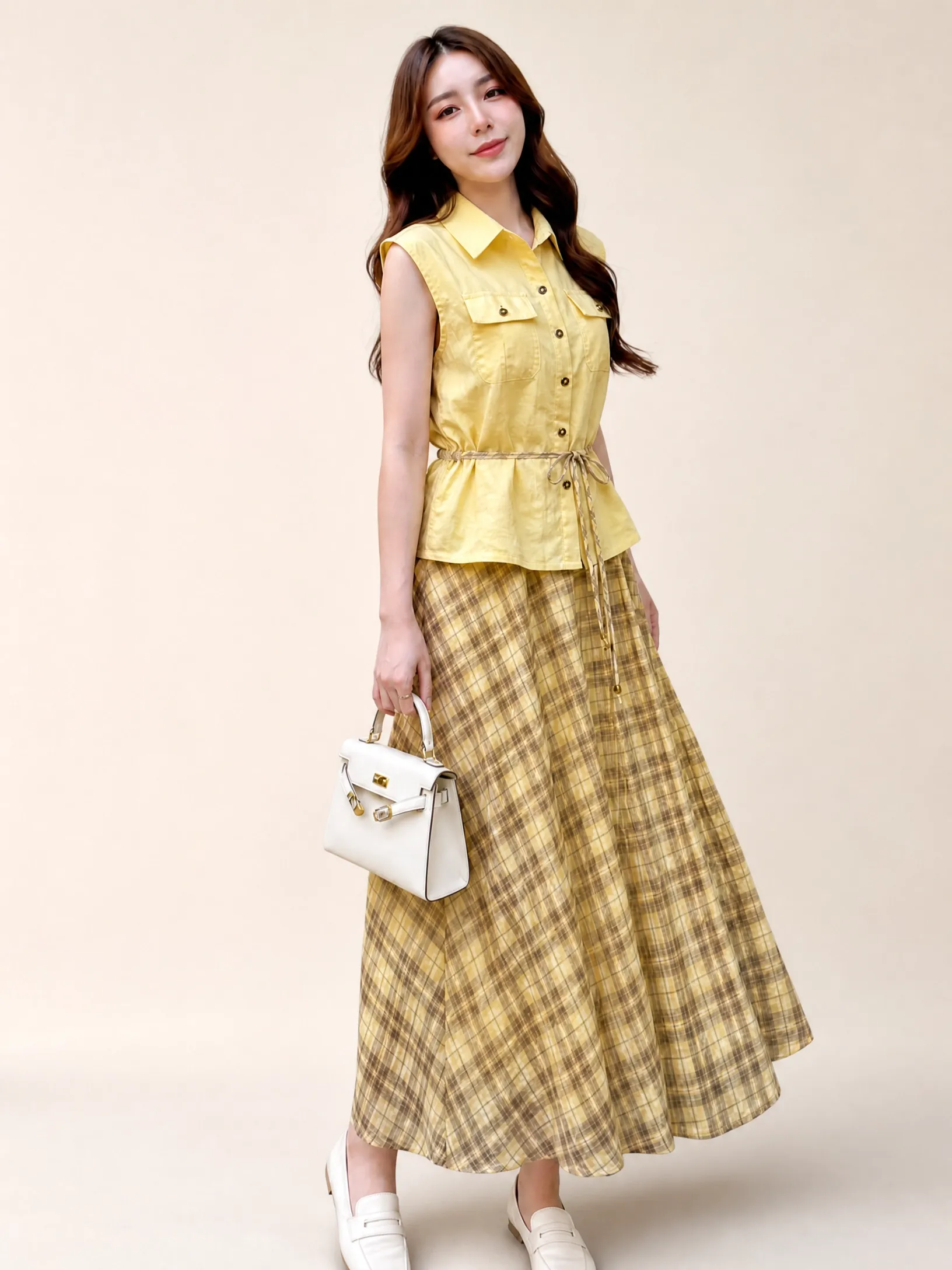 Thai Imported Two-Piece Gown Set – Yellow (T2200YE) | Collared Sleeveless Top with Front Buttons