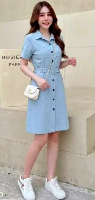 Thai Imported Ladies Belted Short Sleeve Shirt Dress - Blue