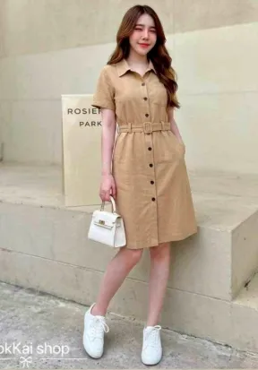 Thai Imported Ladies Belted Short Sleeve Shirt Dress - Coffee