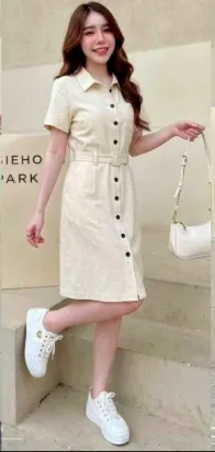 Thai Imported Ladies Belted Short Sleeve Shirt Dress - Walnut