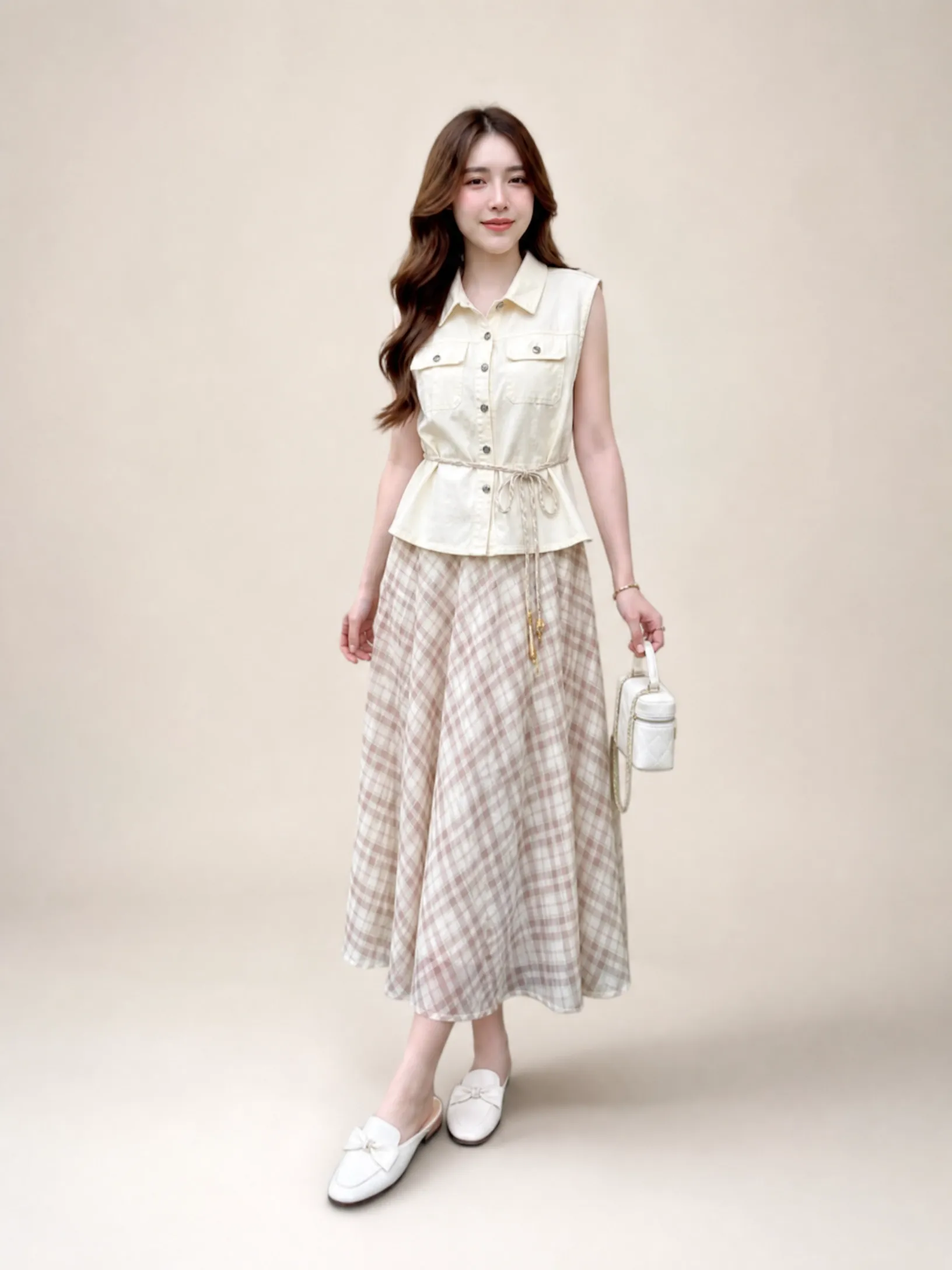 Thai Imported Two-Piece Gown Set – Cream/Beige (T2200SP) | Collared Sleeveless Top with Front Buttons