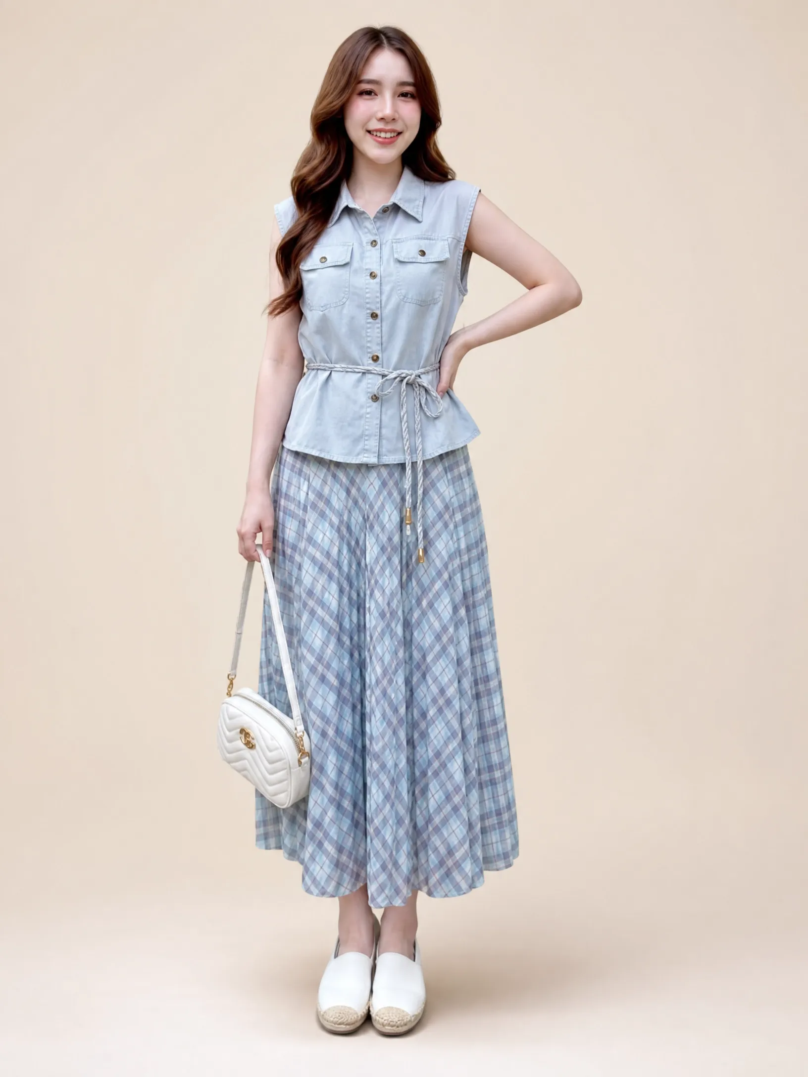 Thai Imported Two-Piece Gown Set – Sky Blue (T2200FK) | Collared Sleeveless Top with Front Buttons