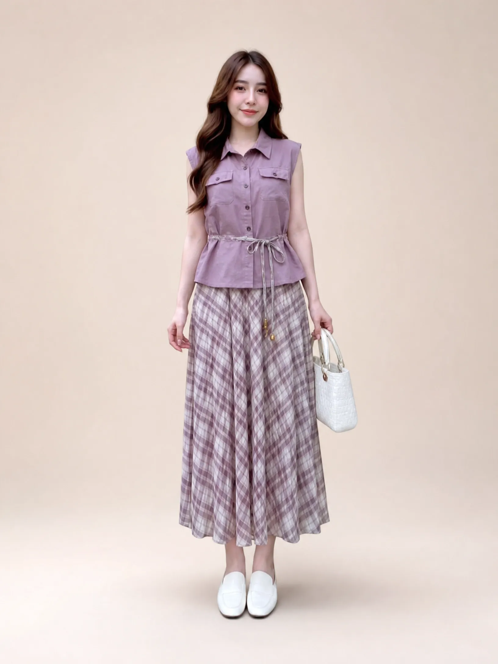 Thai Imported Two-Piece Gown Set – Purple/Mauve (T2200RF) | Collared Sleeveless Top with Front Buttons