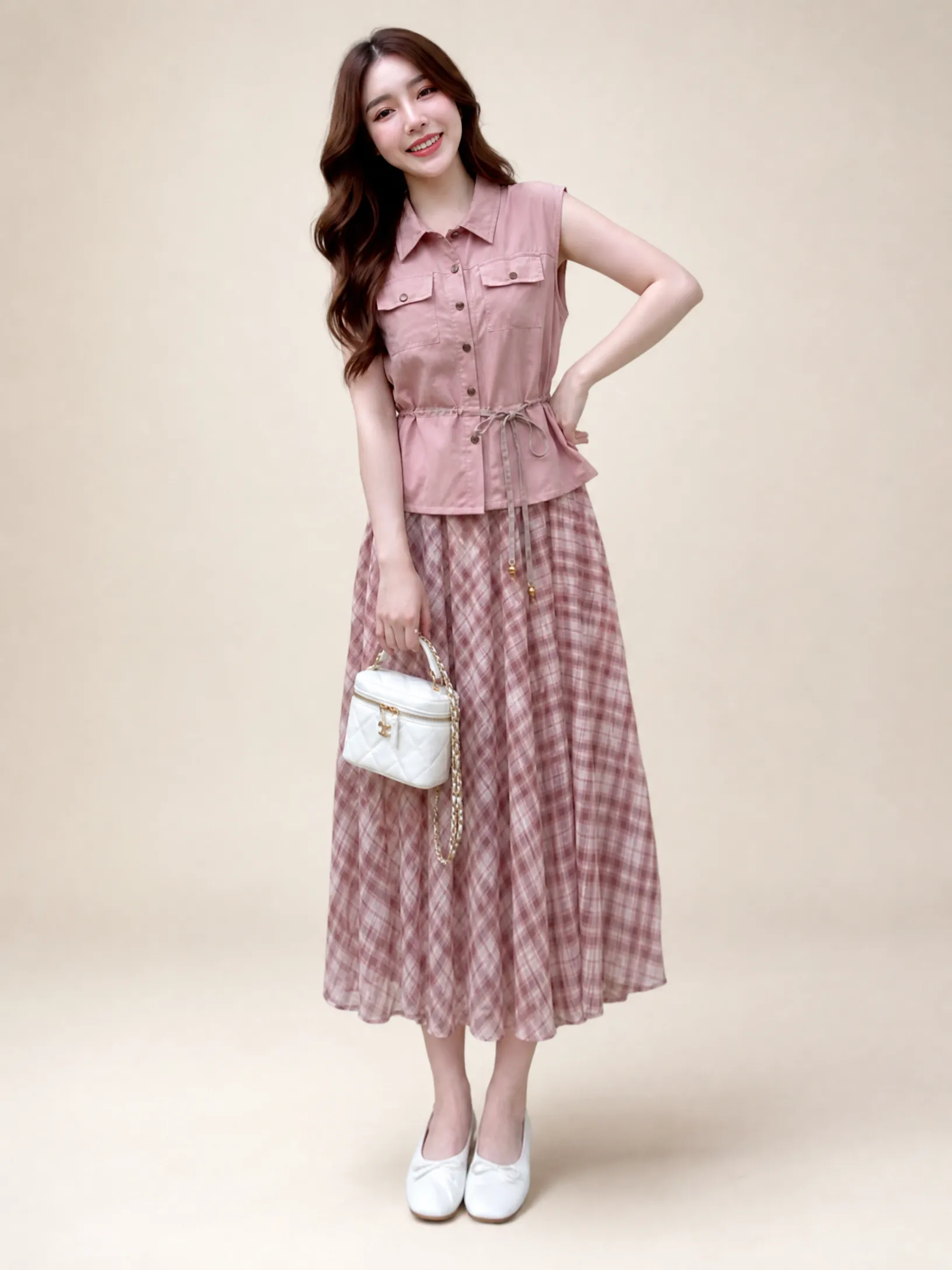 Thai Imported Two-Piece Gown Set – Pink (T2200MV) | Collared Sleeveless Top with Front Buttons