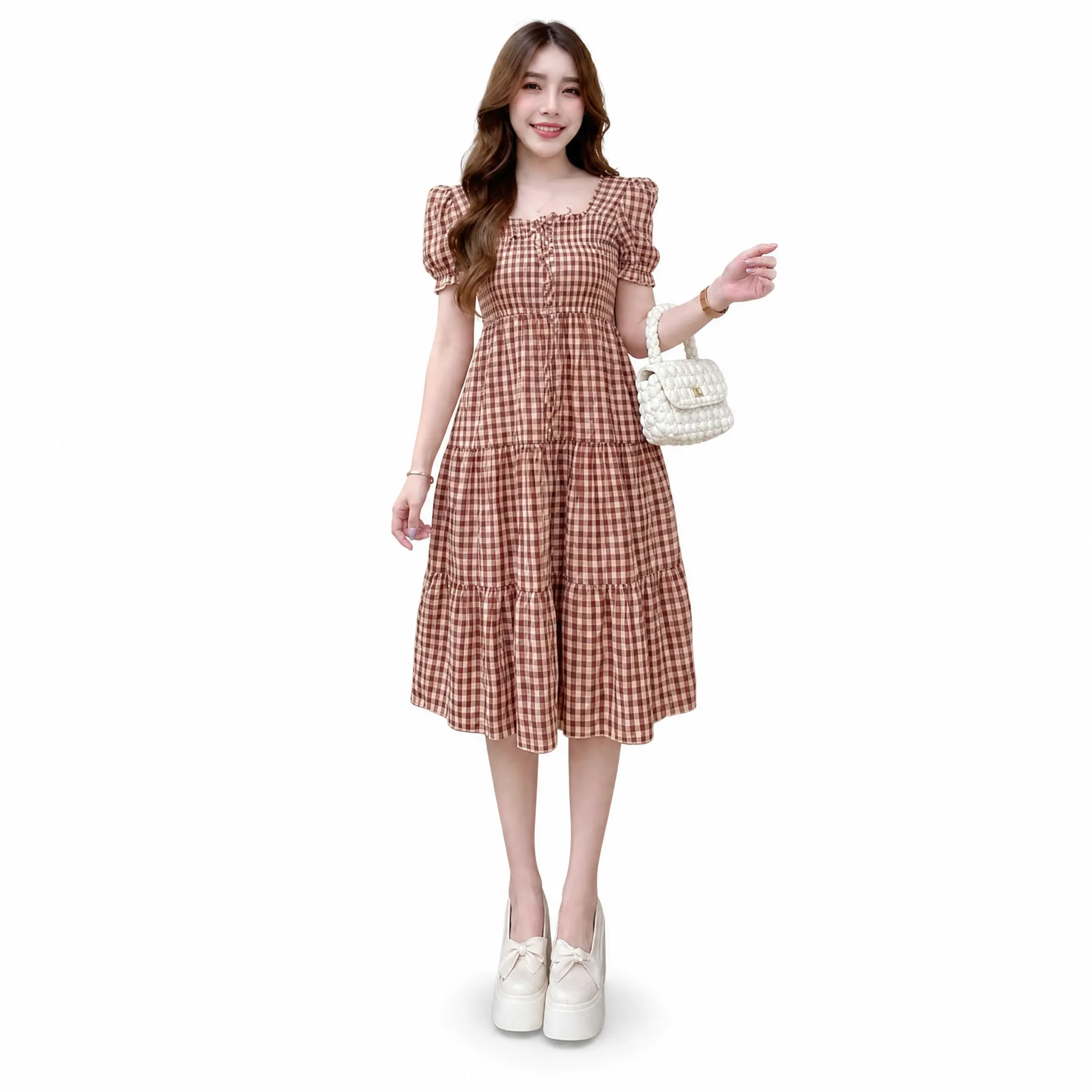Thai Imported Premium Midi Gown | Square Neck Puff Sleeve Check Dress – Maroon