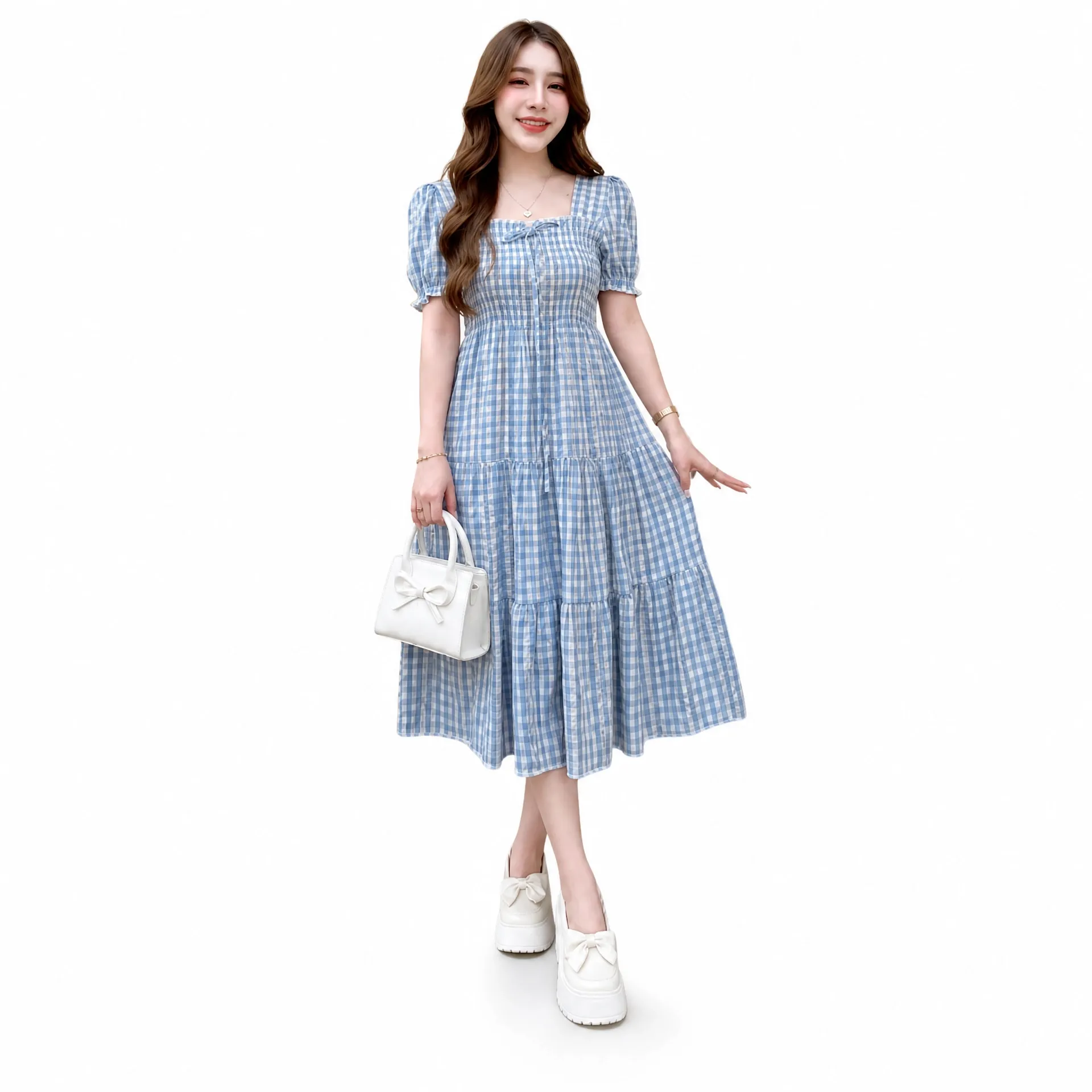 Thai Imported Premium Midi Gown | Elegant Square Neck Check Dress – Beige
