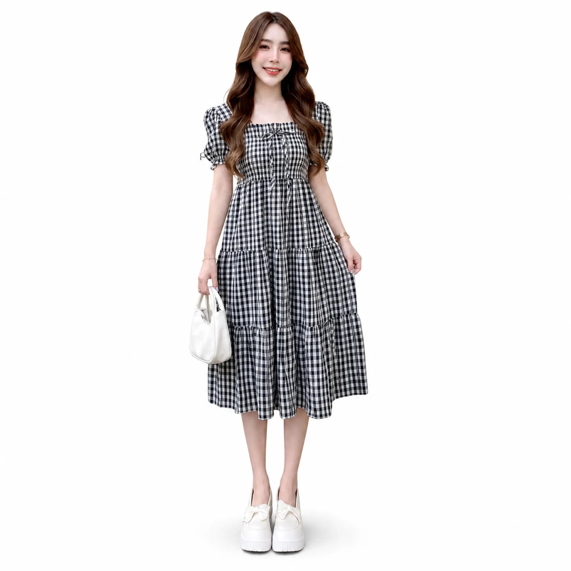 Thai Imported Premium Midi Gown | Stylish Puff Sleeve Check Dress – Black