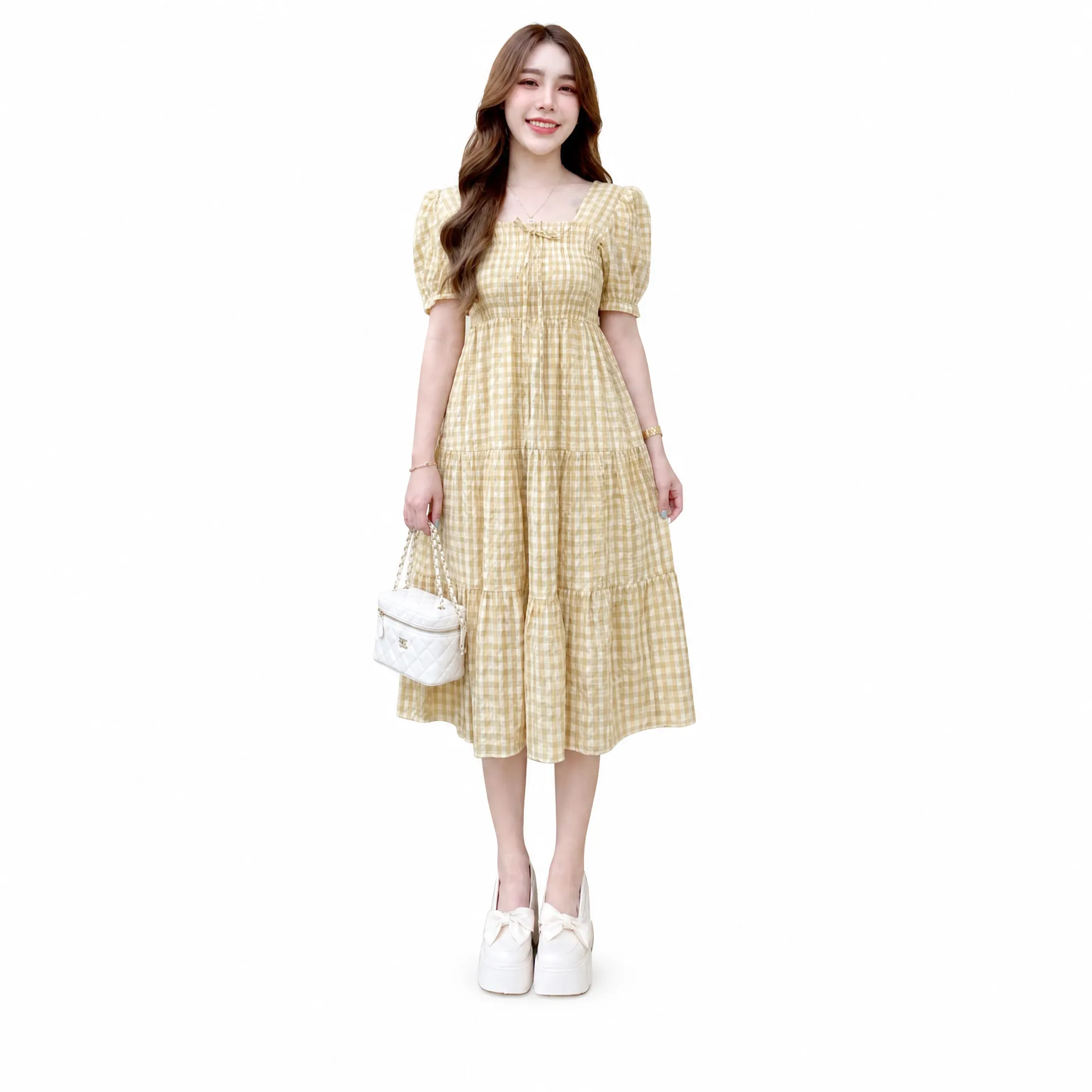 Thai Imported Premium Midi Gown | Trendy Square Neck Puff Sleeve Dress – Yellow
