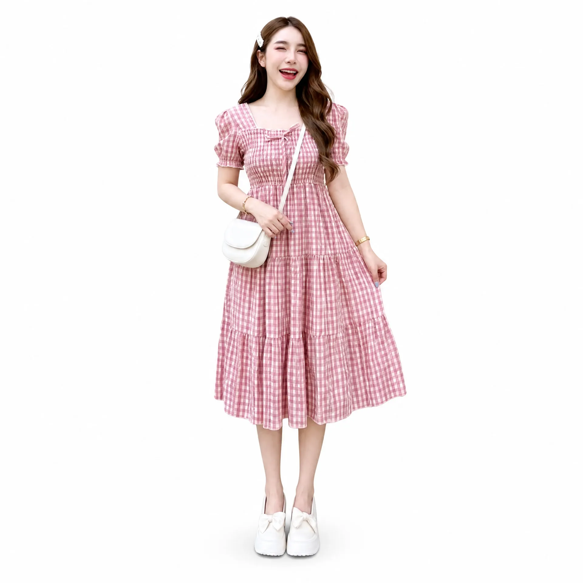 Thai Imported Premium Midi Gown | Classic Check Print Puff Sleeve Dress – Multicolor