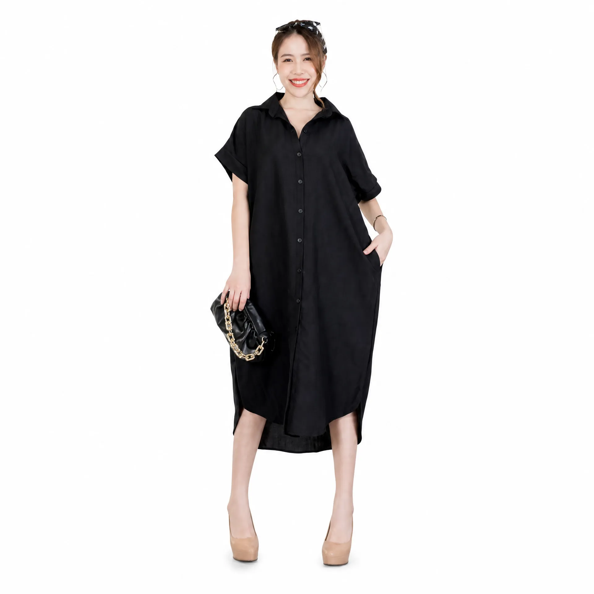 Imported Thai Georgette Oversized Shirt Dress | Black Full Button Women’s Dress