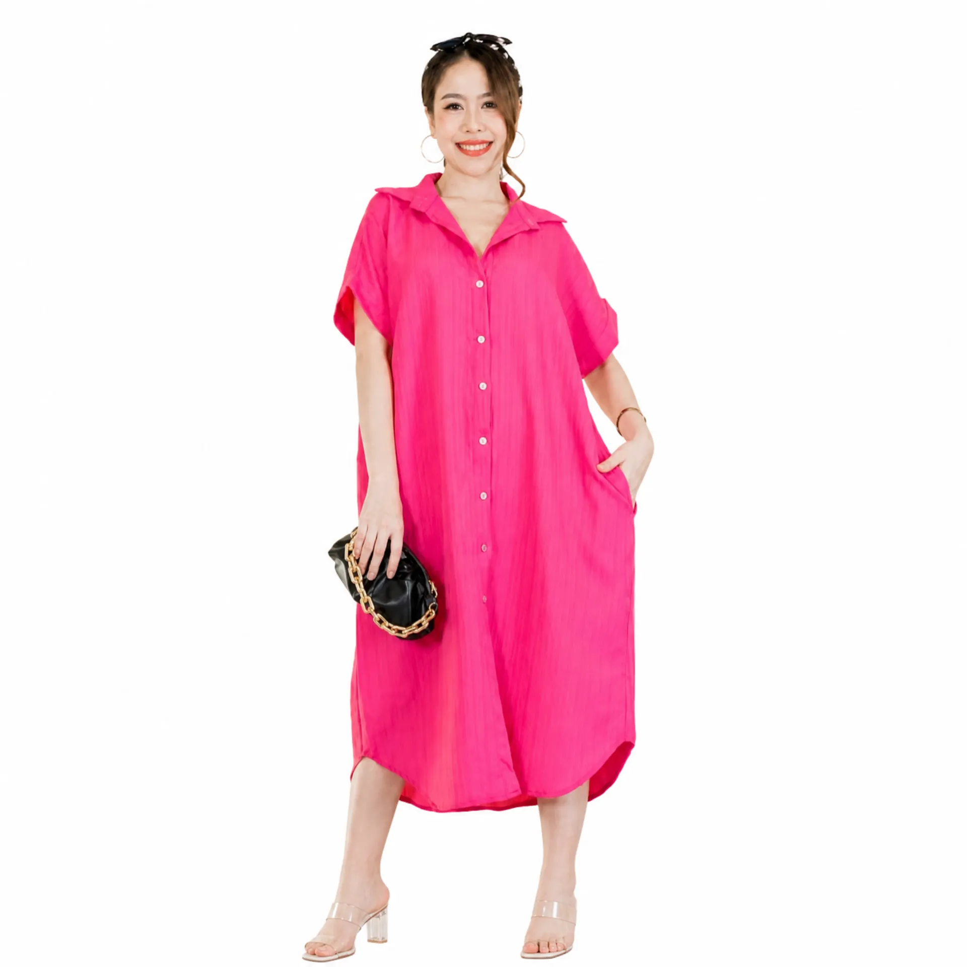 Thai Imported Georgette Oversized Shirt Dress | Pink Full Button Casual Dress