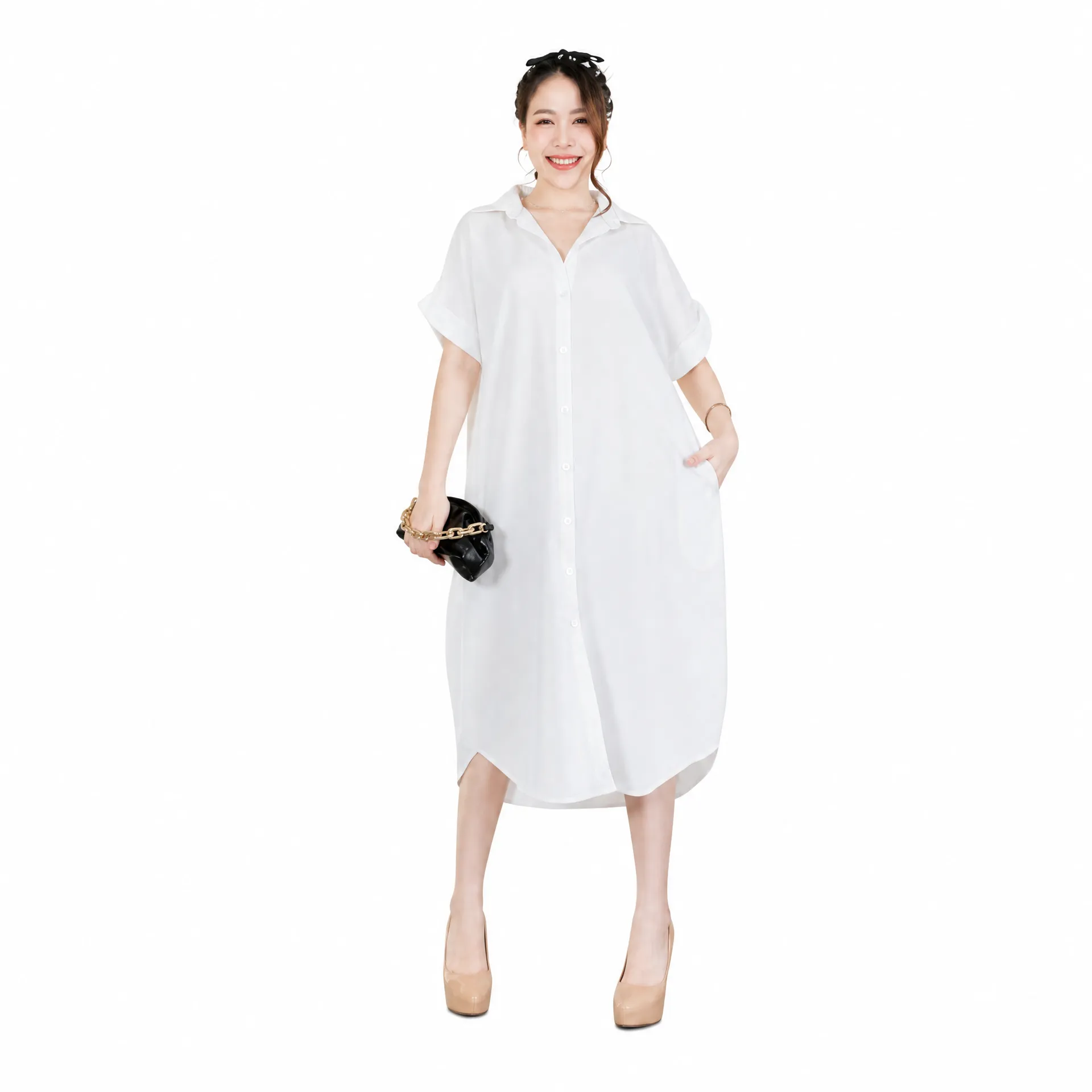 Thai Imported Oversized Shirt Dress | White Georgette Full Button Long Dress