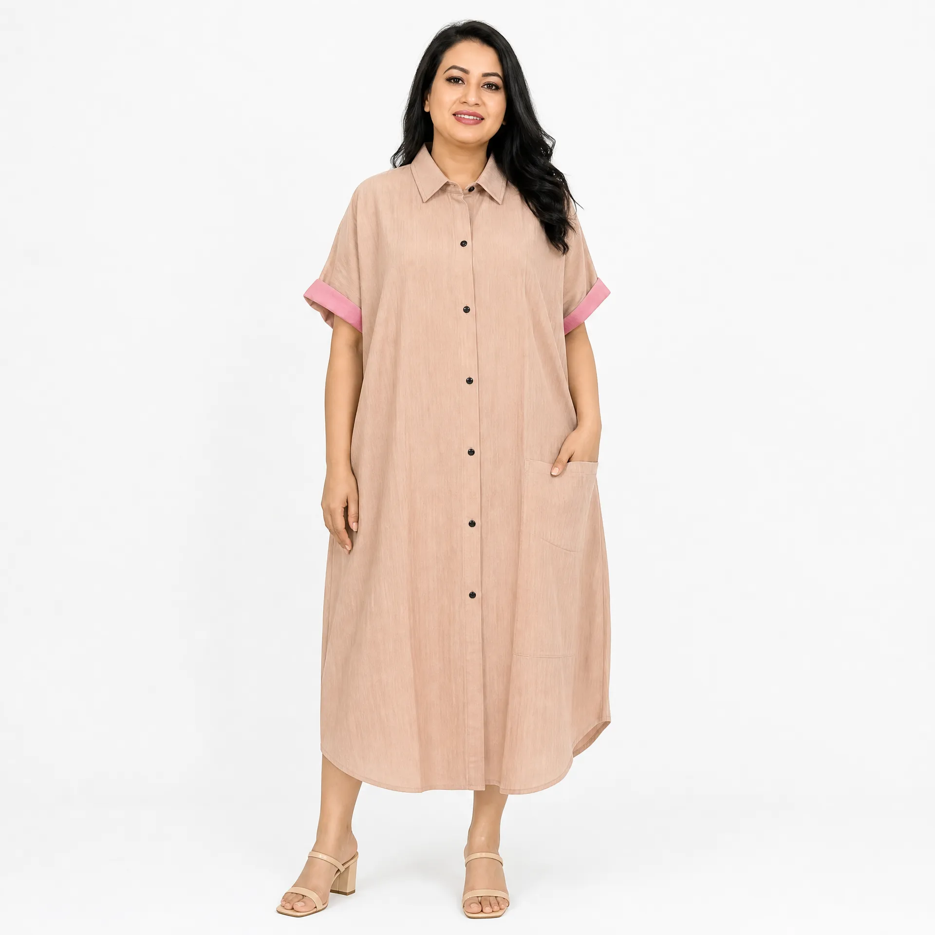Imported Thai Georgette Oversized Shirt Dress | Nude Full Button Casual Dress