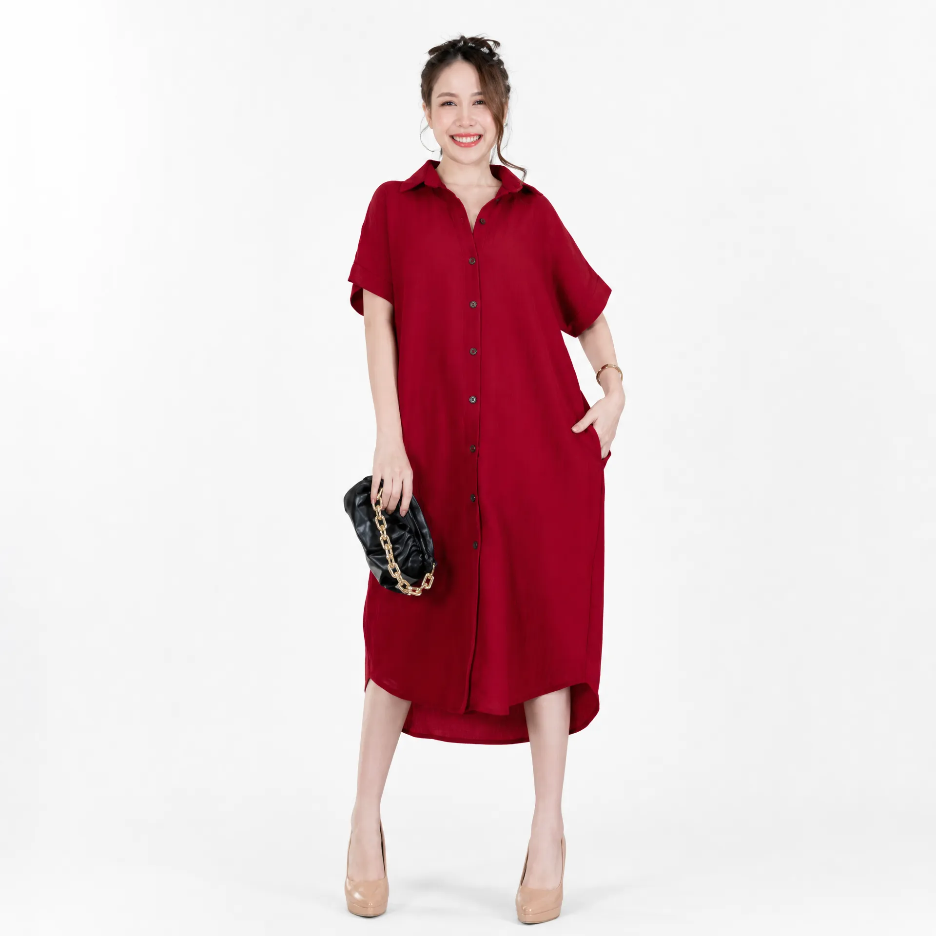 Imported Thai Oversized Georgette Shirt Dress | Rose Pink Full Button Dress