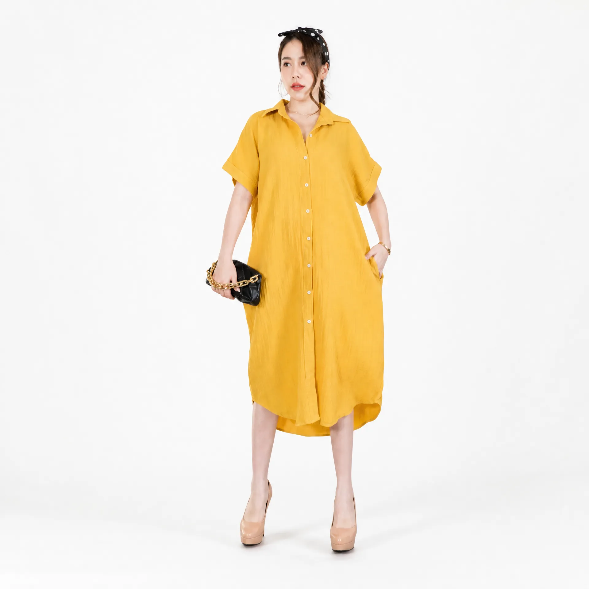 Thai Imported Georgette Oversized Shirt Dress | Yellow Trendy Full Button Dress