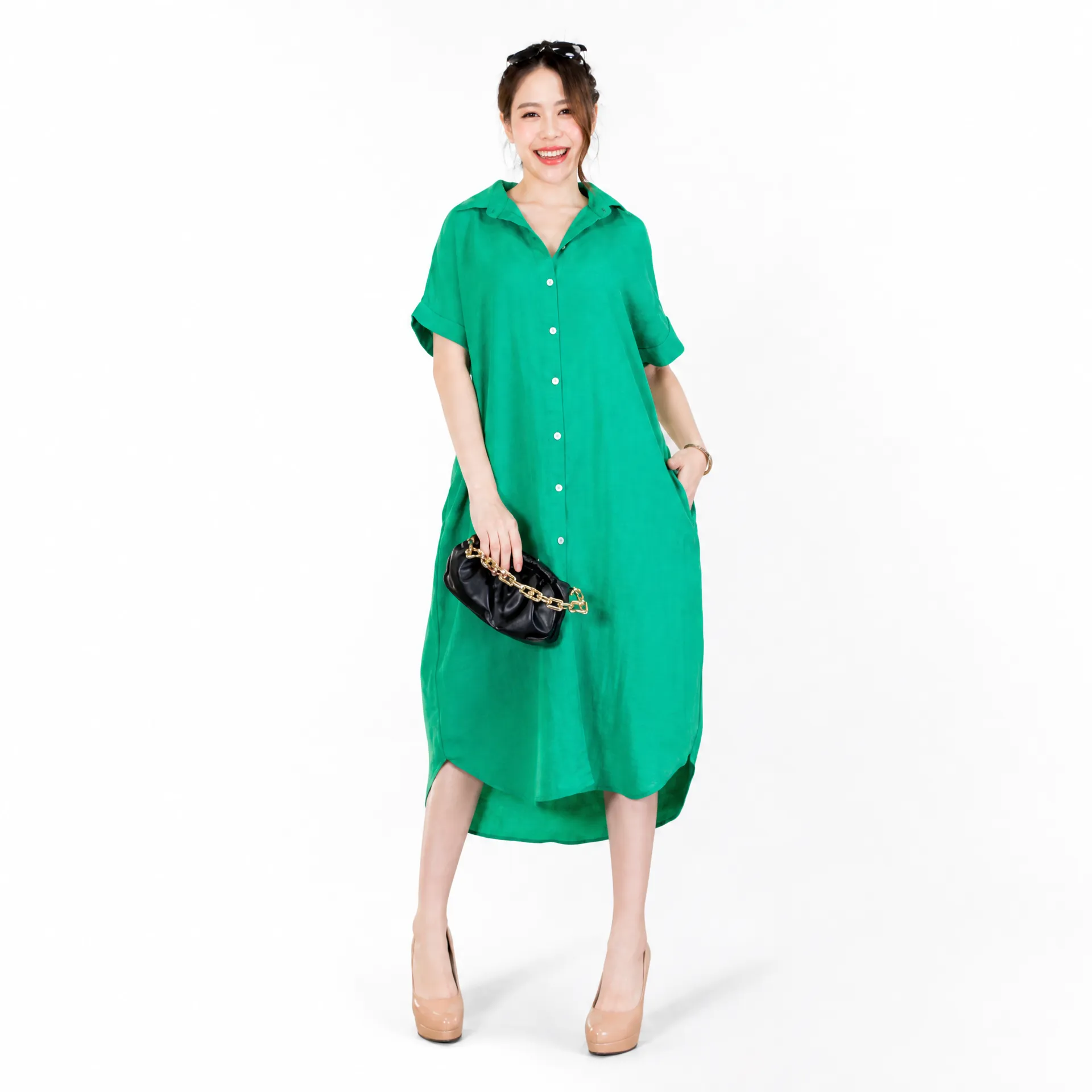 Imported Thai Georgette Oversized Shirt Dress | Green Trendy Long Casual Dress