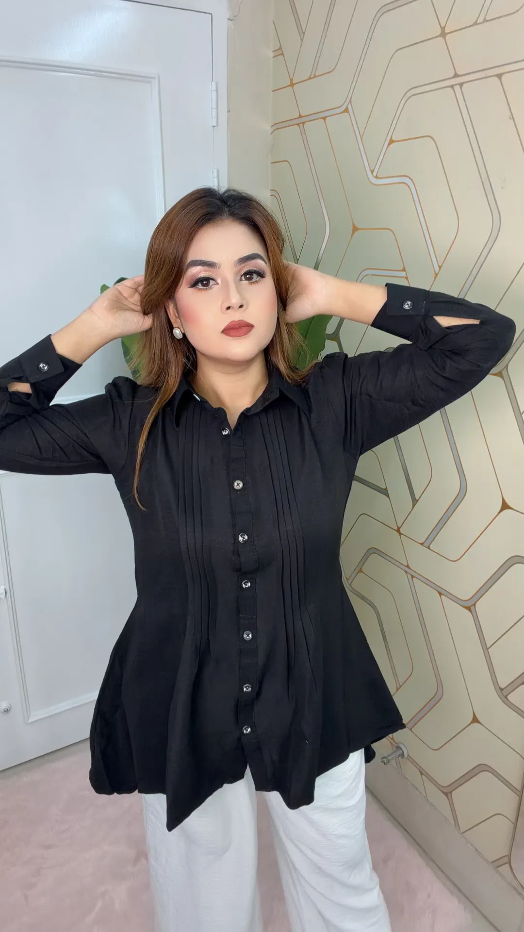 Premium Georgette High-Low Long Top with Shirt Collar for Women