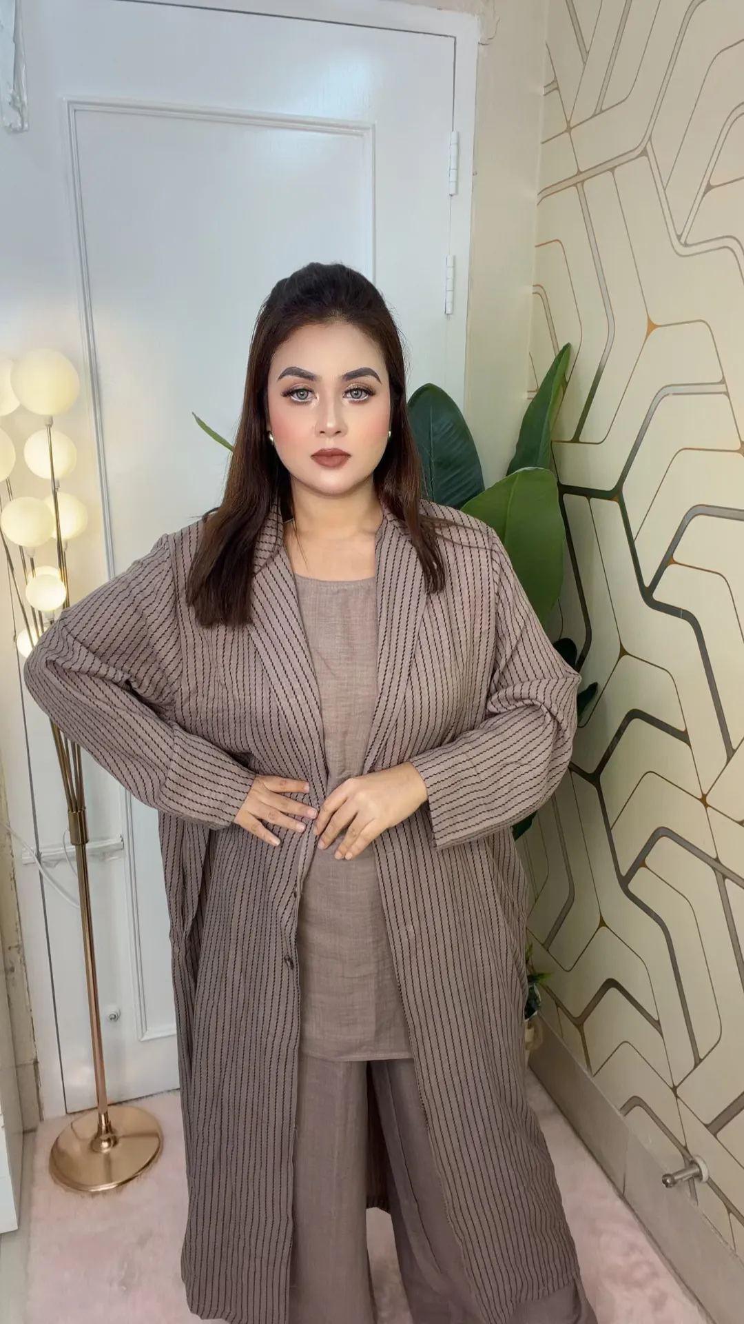 Imported Thai 3-Piece Co-ords Set Elegant Striped Shrug Outfit