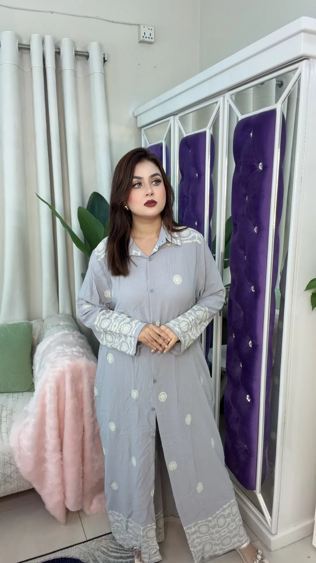Imported Thai Co-ords Set Full Sleeve Printed Border Design Women’s Outfit