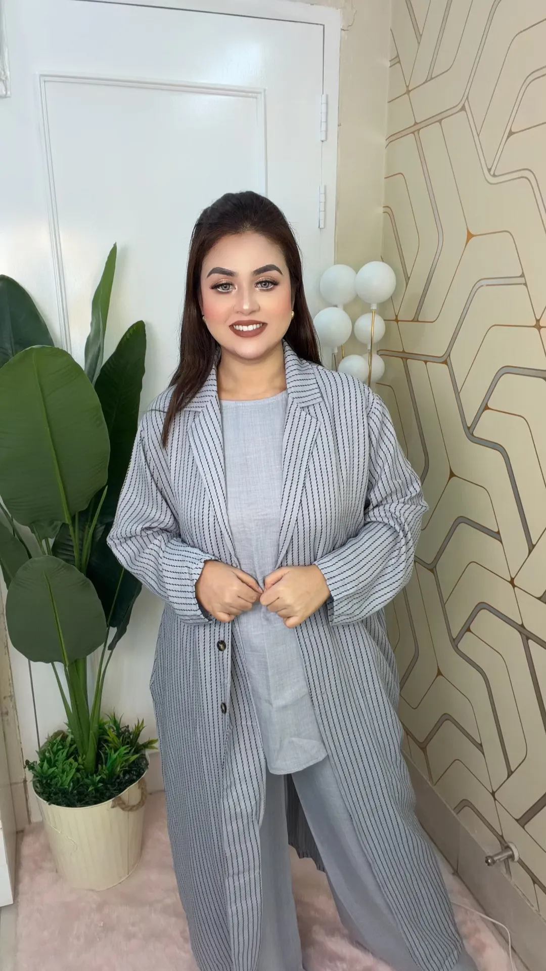 Imported Thai 3-Piece Co-ords Set Elegant Striped Long Coat Outfit