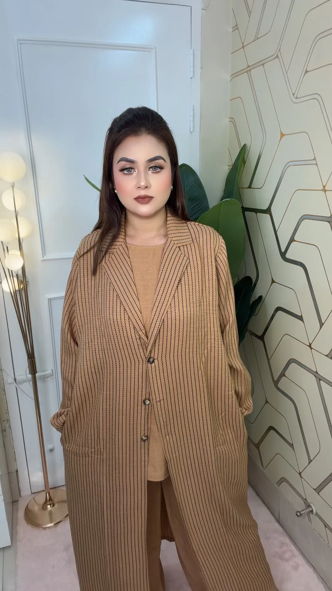 Imported Thai 3-Piece Co-ords Set Elegant Striped Long Coat Outfit
