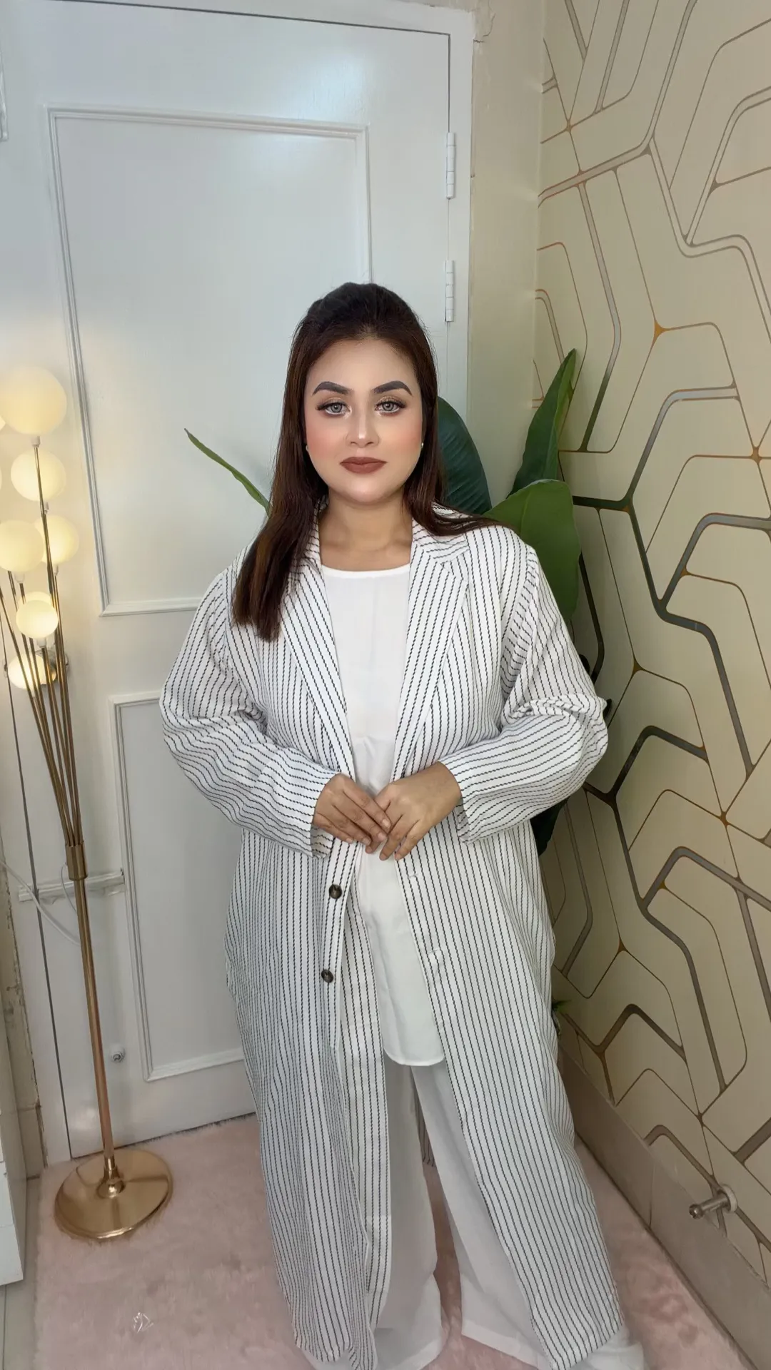 Imported Thai 3-Piece Co-ords Set Elegant Striped Long Coat Outfit