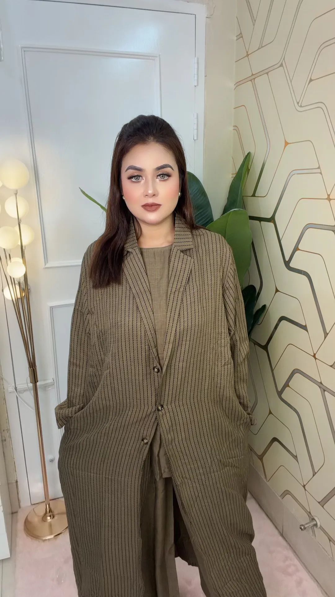 Imported Thai 3-Piece Co-ords Set Elegant Striped Long Coat Outfit