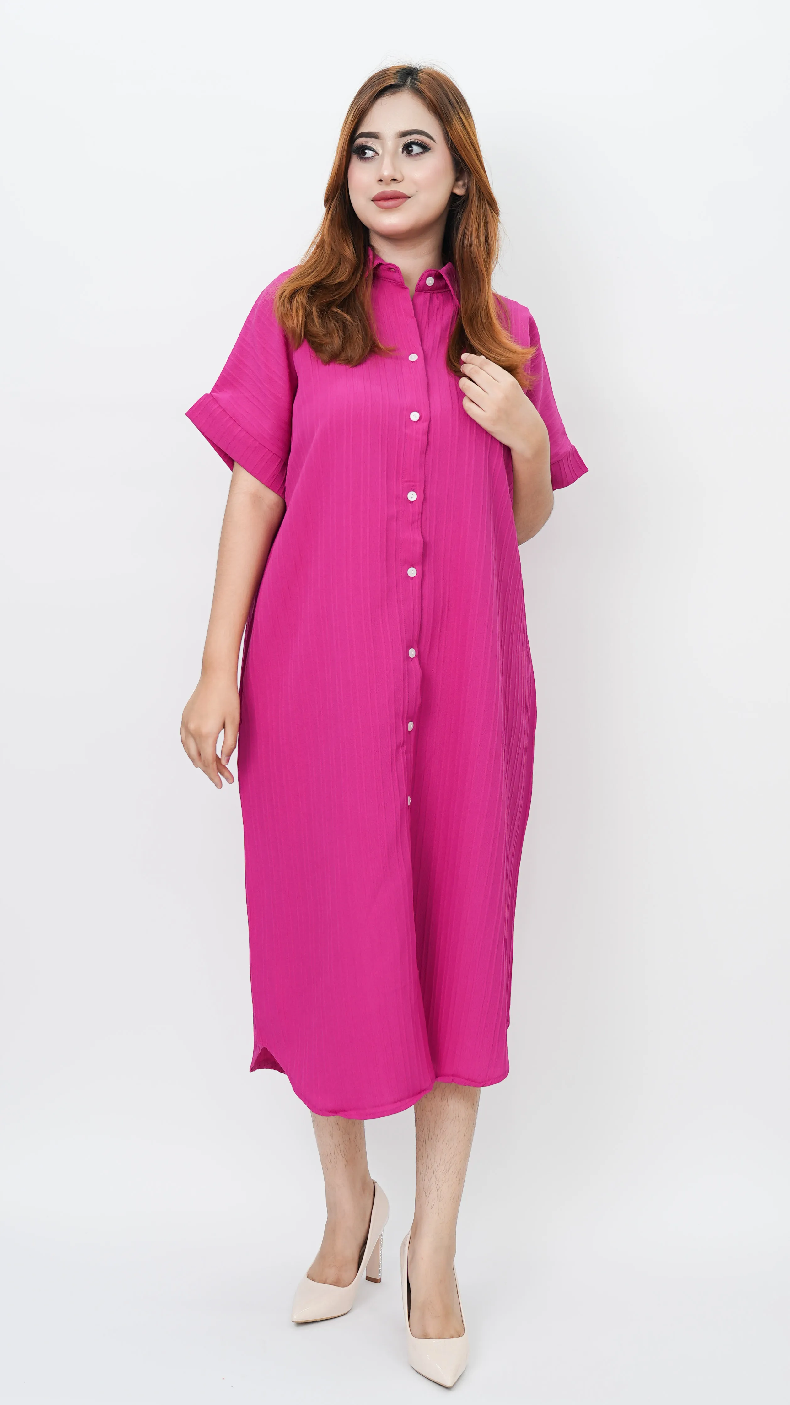 Thai Imported Georgette Oversized Shirt Dress | Pink Full Button Casual Dress