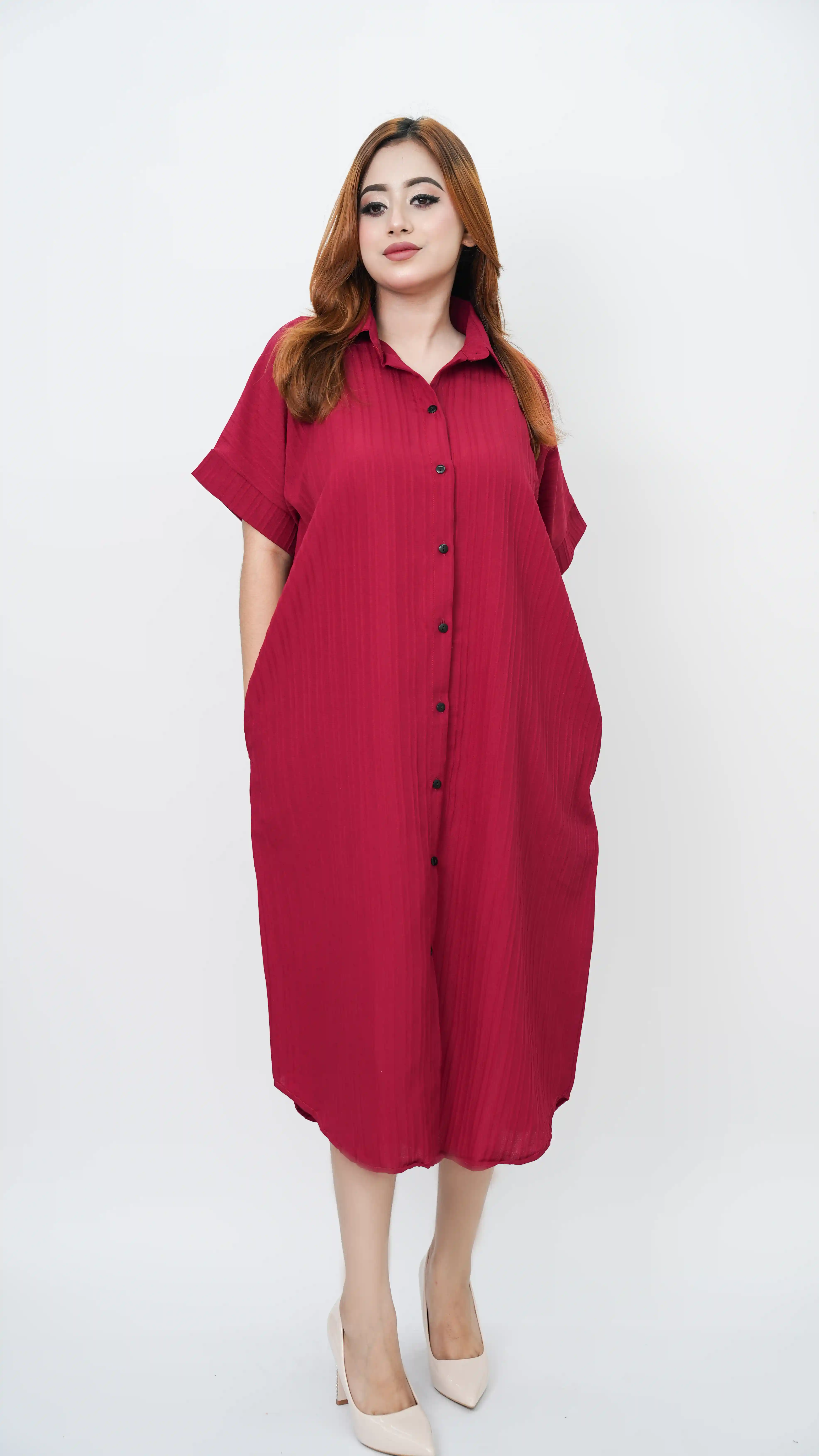 Imported Thai Oversized Georgette Shirt Dress | Rose Pink Full Button Dress