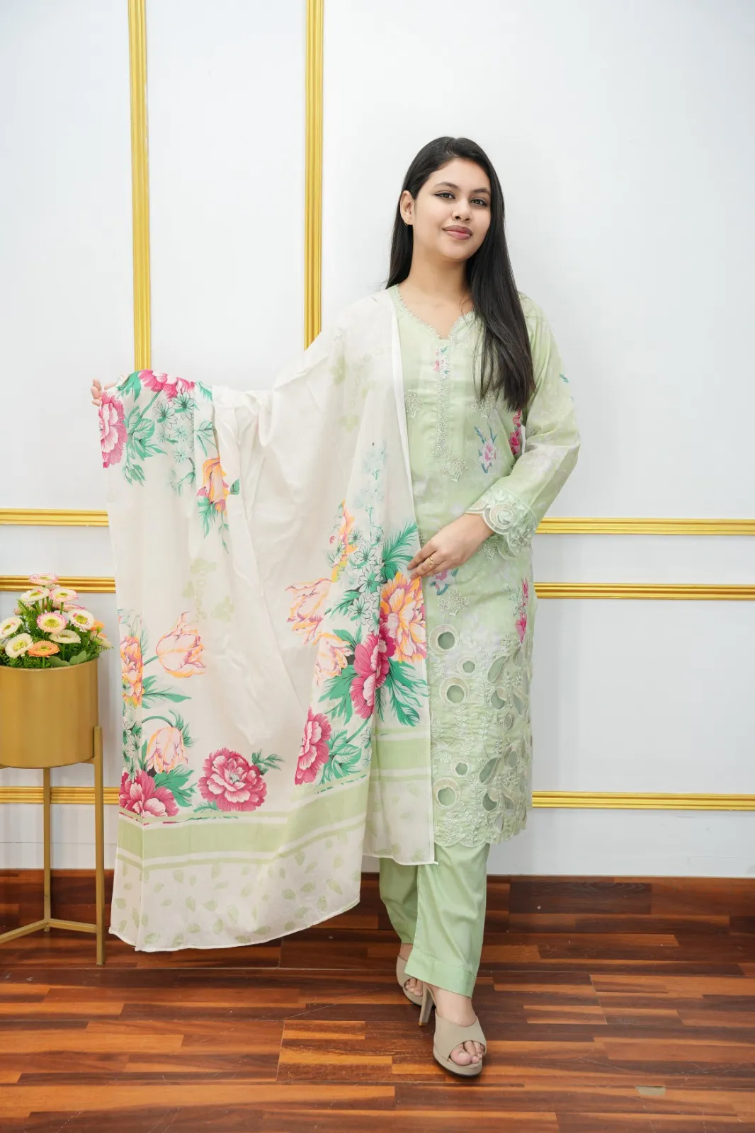Readymade Cotton Three Piece Set with Embroidery